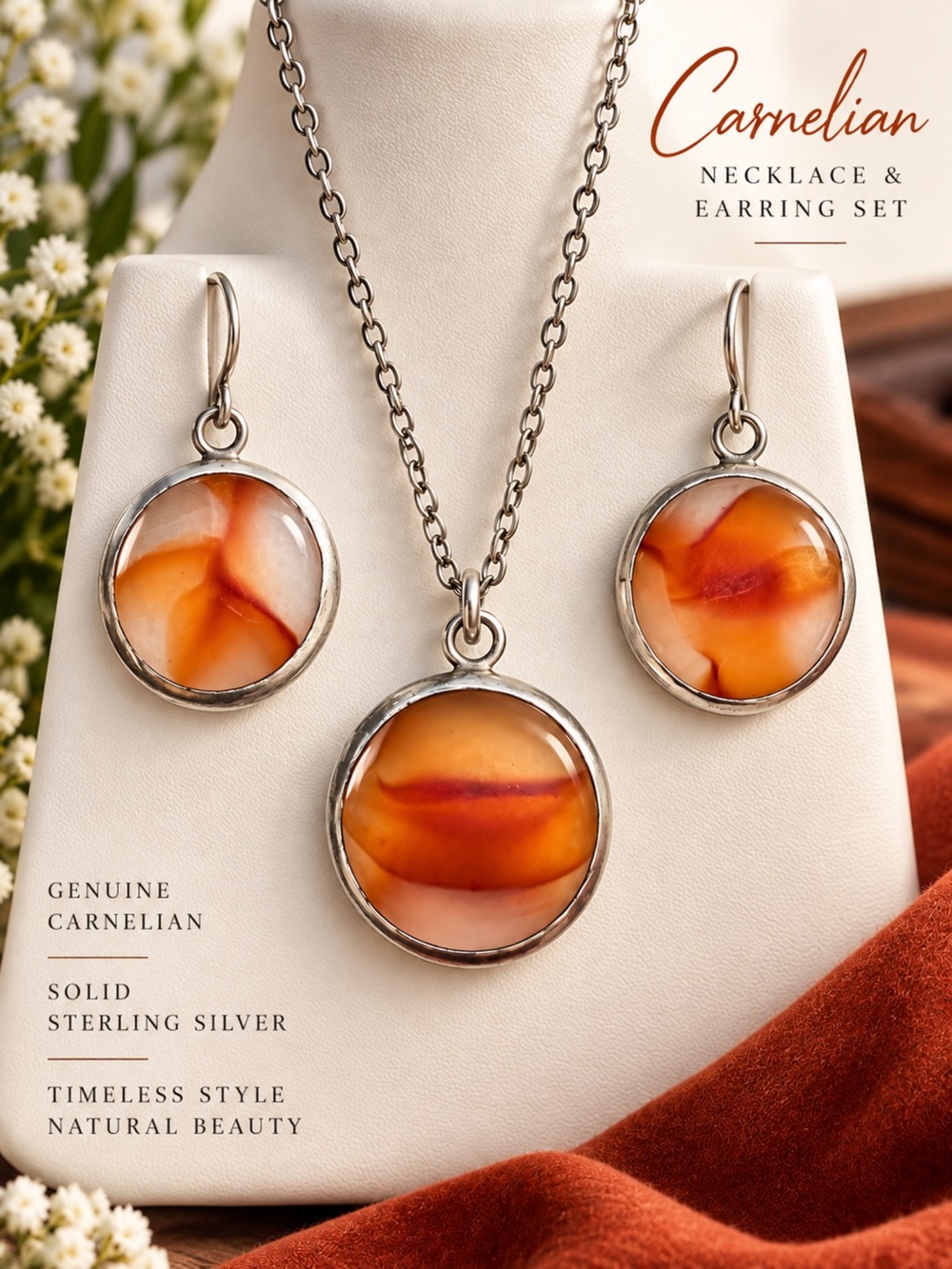 Carnelian Pendant Necklace & Earrings Set — Sterling Silver